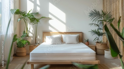 Serene Minimalist Bedroom with High-End Mattress and Natural Elements for a Calm Ambiance