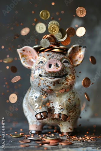 piggy bank and coins. Selective focus