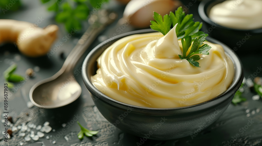 A bowl of creamy mayonnaise sits on a kitchen table with a spoon beside it. The close-up highlights its smooth texture and rich consistency, ready for culinary use. A bowl of creamy mayonnaise sits on a kitchen table with a spoon beside it. The close-up highlights its smooth texture and rich consistency, ready for culinary use.