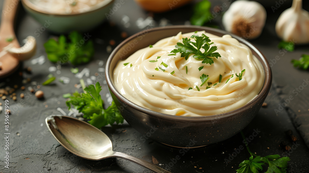 A bowl of creamy mayonnaise sits on a kitchen table with a spoon beside it. The close-up highlights its smooth texture and rich consistency, ready for culinary use. A bowl of creamy mayonnaise sits on a kitchen table with a spoon beside it. The close-up highlights its smooth texture and rich consistency, ready for culinary use.