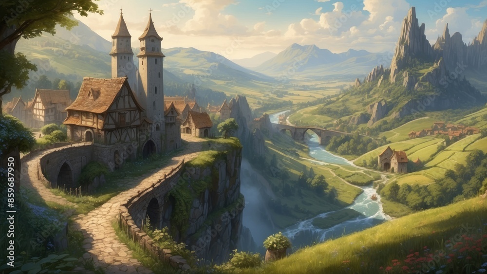 Fototapeta premium Fantastic castle landscape in realism style