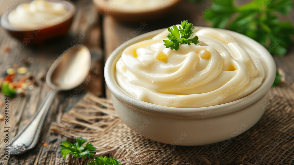 A bowl of creamy mayonnaise sits on a kitchen table with a spoon beside it. The close-up highlights its smooth texture and rich consistency, ready for culinary use. A bowl of creamy mayonnaise sits on a kitchen table with a spoon beside it. The close-up highlights its smooth texture and rich consistency, ready for culinary use.