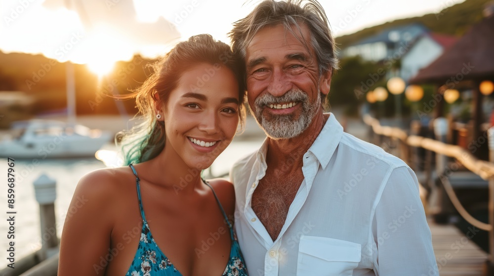 Middle-aged Asian woman with green hair and older white man with brown hair walking on a pier at sunset