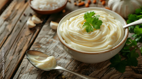 A bowl of creamy mayonnaise sits on a kitchen table with a spoon beside it. The close-up highlights its smooth texture and rich consistency, ready for culinary use. photo