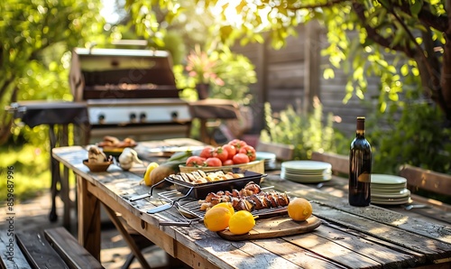 Al Fresco Dining, BBQ grill in a backyard setting with a rustic wooden table, inviting for outdoor meals photo