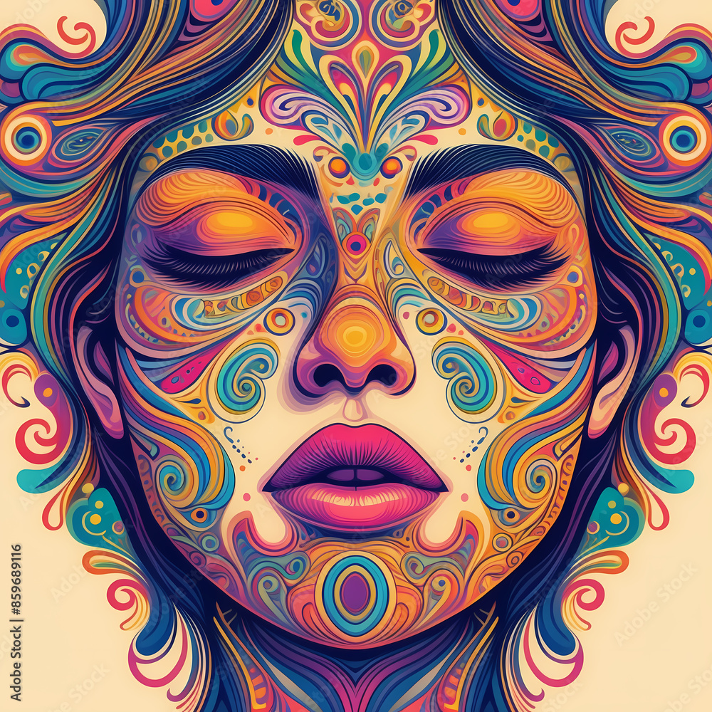 Colorful illustration of a woman's face embracing psychedelic 'flower power' revival, featuring vibrant colors and retro artistic vibes Colorful illustration of a woman's face embracing psychedelic 'flower power' revival, featuring vibrant colors and retro artistic vibes