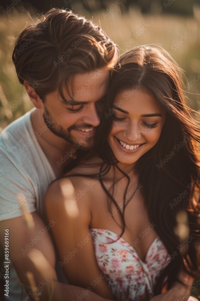 Fototapeta premium A young man with a beard and a smiling woman with long dark hair hugging in a field, she is in a floral dress, he is in a casual t-shirt, daylight, waist-up shot