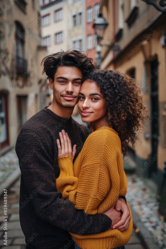 A young couple with curly hair, smiling and standing in an urban setting, she is in a yellow sweater, he is in a dark brown sweater, morning light, minimalistic background, waist-up photo A young couple with curly hair, smiling and standing in an urban setting, she is in a yellow sweater, he is in a dark brown sweater, morning light, minimalistic background, waist-up photo