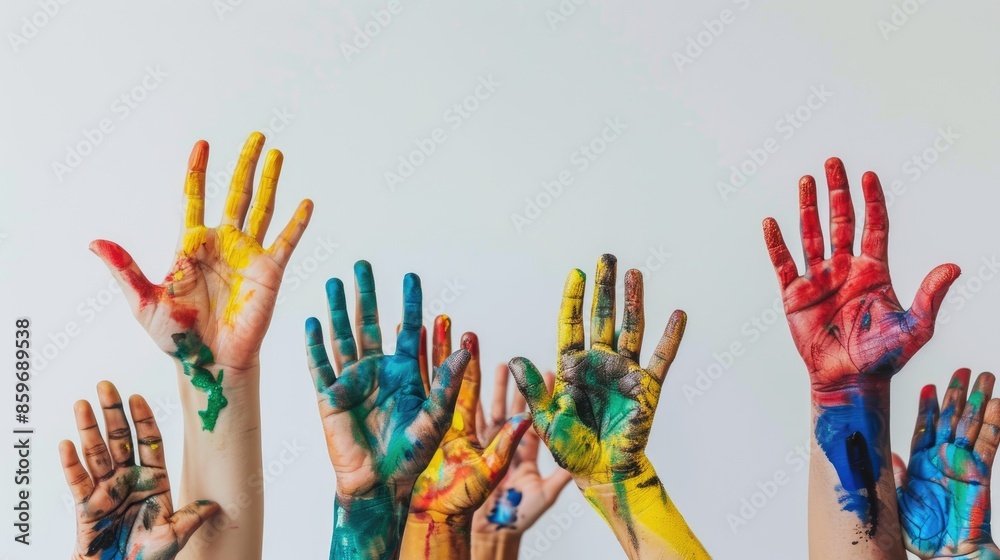 hands in paints on a white background. Selective focus hands in paints on a white background. Selective focus
