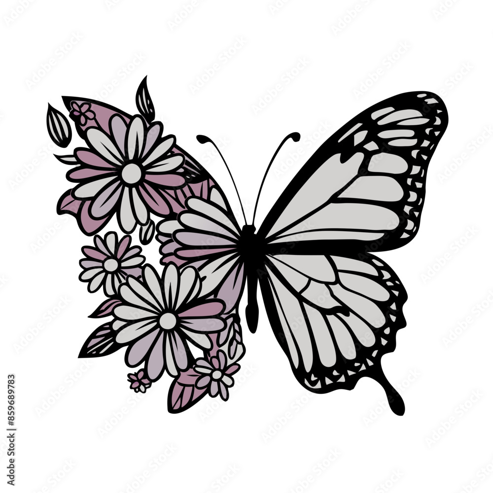 A butterfly with one wing made up of flowers is depicted in black A butterfly with one wing made up of flowers is depicted in black