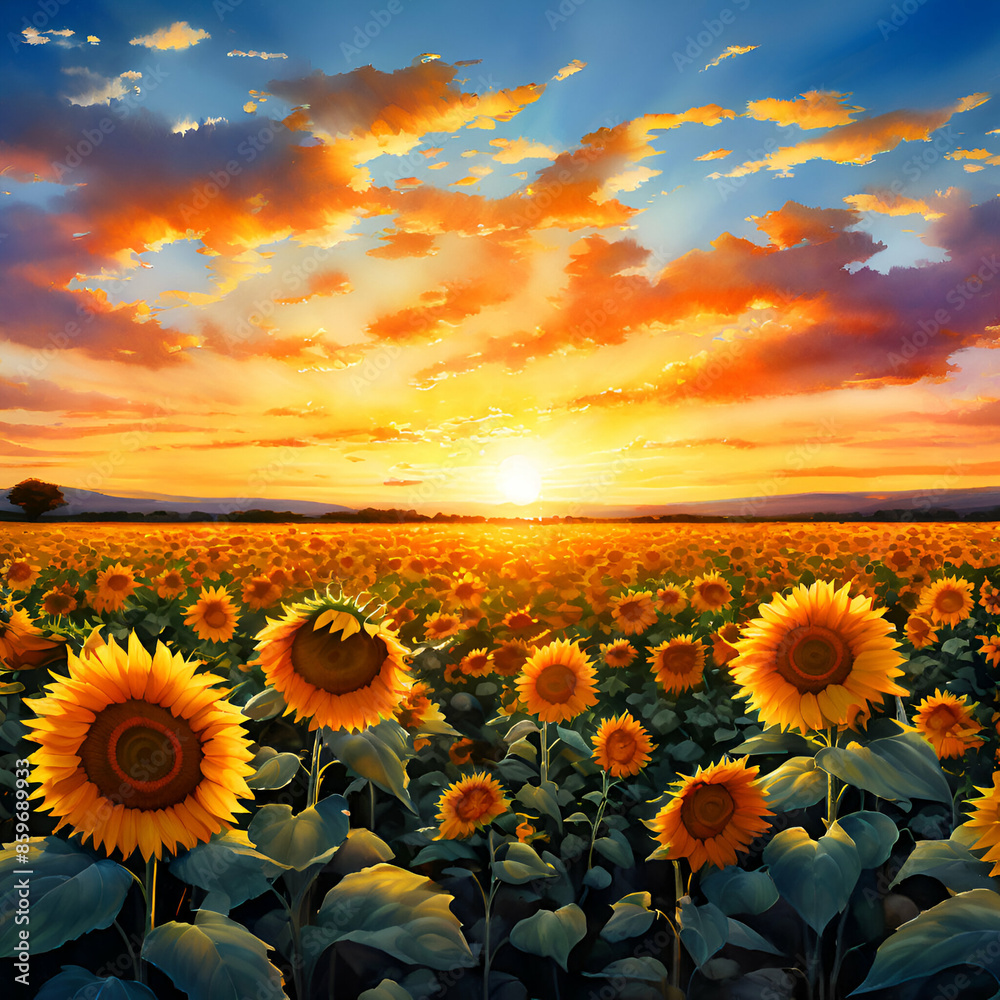 Fototapeta premium Beautiful sunset over a vast field of sunflowers.