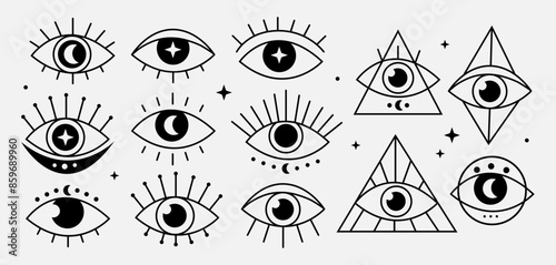 Set outline mystic astrology eye. Esoteric ethnic eye elements. Providence or protection talisman symbol. Eye inside triangle pyramid.