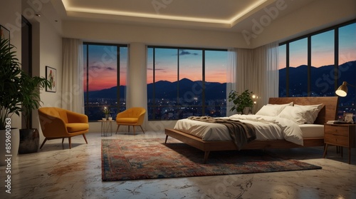 Beautiful bedroom with sunset view