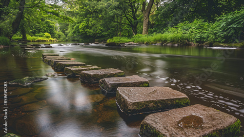 stepping stones leading across a river to the other side, AI Generative.