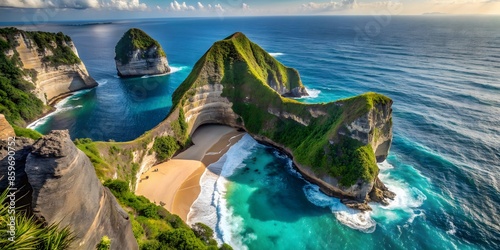 Amazing Kelingking Beach In Nusa Penida, Bali, Indonesia. Beautiful Tropical Landscape With Green Cliffs And White Sand Beach. photo