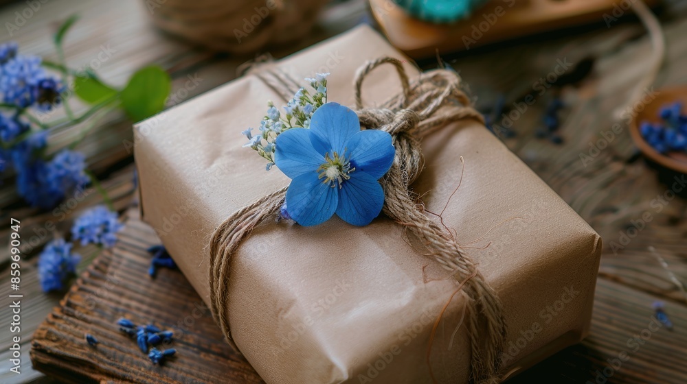 Craft packaged gift with rope bow and blue flower decoration for eco friendly summer holiday wrapping Ecology themed postcard close up with selective focus Craft packaged gift with rope bow and blue flower decoration for eco friendly summer holiday wrapping Ecology themed postcard close up with selective focus