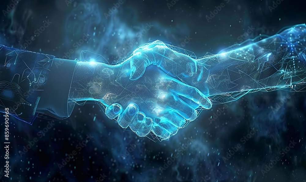 Business Collaboration, Dramatic virtual handshake of digital avatars, illustrating strategic alliances and partnership strategies Business Collaboration, Dramatic virtual handshake of digital avatars, illustrating strategic alliances and partnership strategies