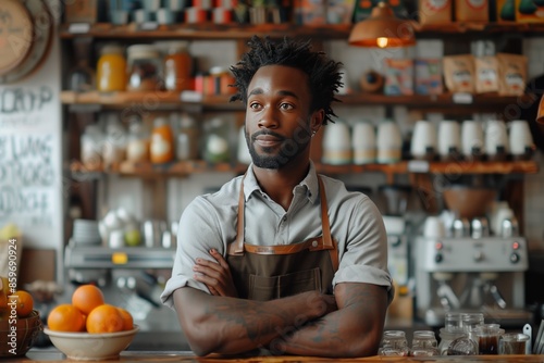 Proud Afro-American Coffee Shop Owner in Apron Behind Counter