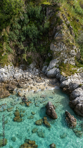 Aerial view of Michelino beach in Parghelia, Tropea. Calabria. Italy. Transparent sea and luxuriant nature. The most beautiful beach in Europe
 photo