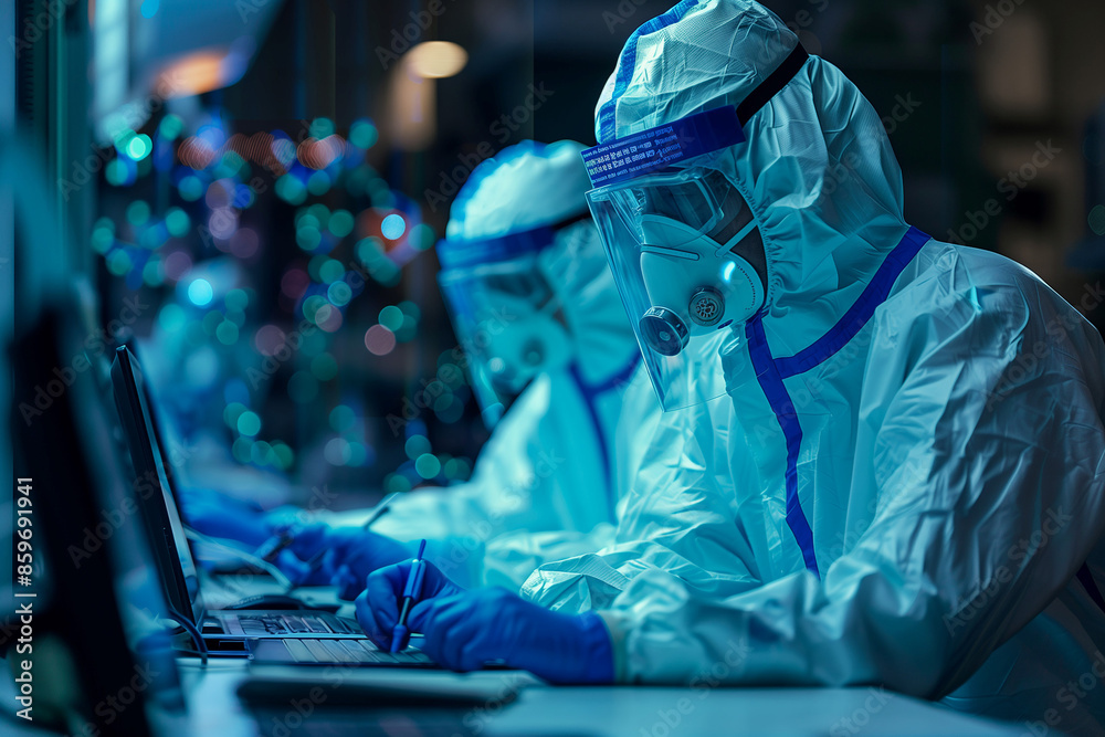 Scientists in protective gear conduct research in a modern medical laboratory Scientists in protective gear conduct research in a modern medical laboratory