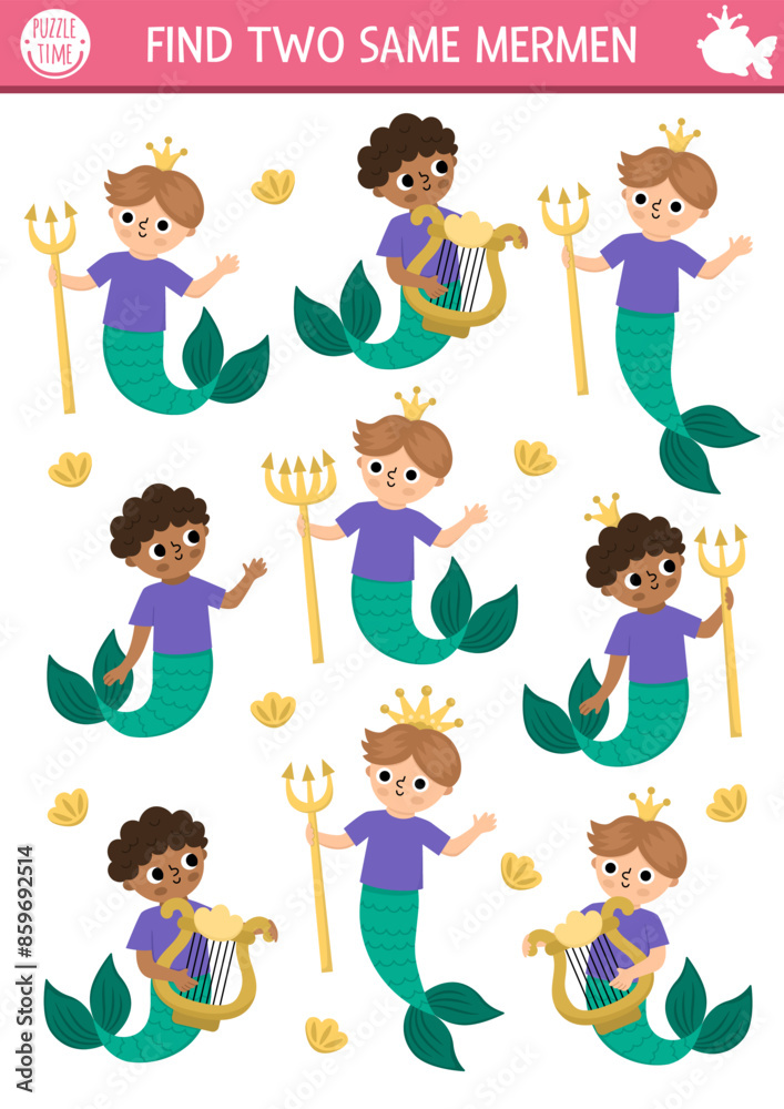 Find two same mermen. Fairytale ocean kingdom matching activity for children. Marine educational quiz worksheet for kids for attention skills. Simple printable game with cute sea prince. Find two same mermen. Fairytale ocean kingdom matching activity for children. Marine educational quiz worksheet for kids for attention skills. Simple printable game with cute sea prince.