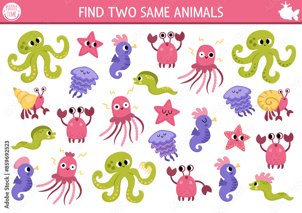 Find two same water animals. Fairytale ocean kingdom matching activity for children. Marine educational quiz worksheet for kids. Simple printable game with crab, jellyfish, starfish, octopus. Find two same water animals. Fairytale ocean kingdom matching activity for children. Marine educational quiz worksheet for kids. Simple printable game with crab, jellyfish, starfish, octopus.