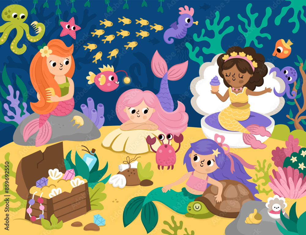 Fototapeta premium Vector landscape illustration with mermaid friends. Ocean or sea kingdom scene with seaweeds, seahorse, marine princess, treasure chest, crab. Cute square fairytale background for kids.