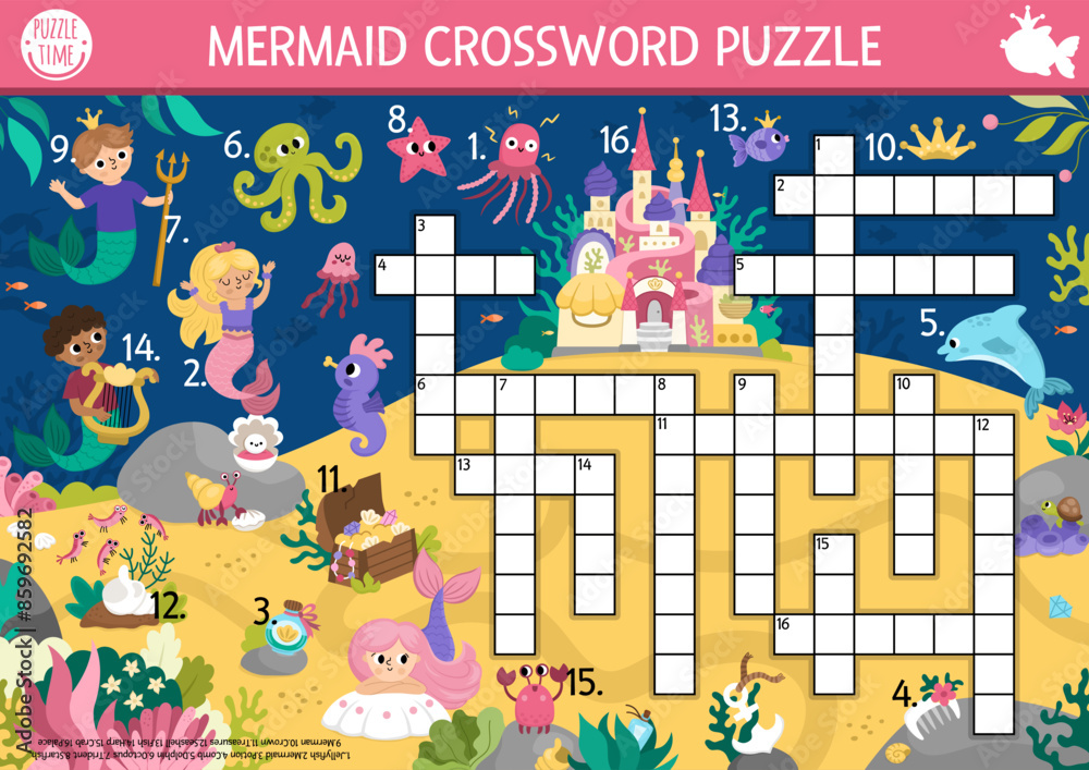 Vector mermaid crossword puzzle for kids. Marine quiz with underwater