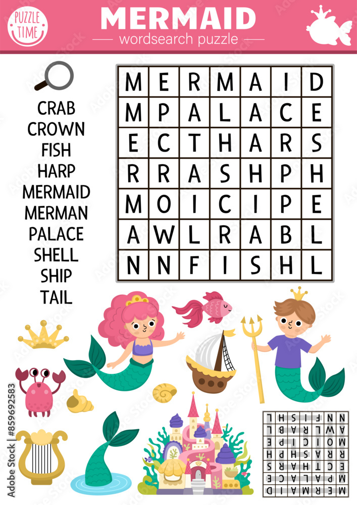 Vector mermaid wordsearch puzzle for kids. Marine word or underwater ...