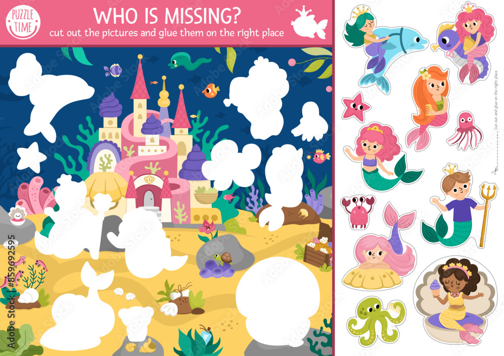Vector mermaid cut and glue activity. Crafting game with cute underwater kingdom landscape. Fun marine printable worksheet for children. Find the right piece of the puzzle. Complete the picture. Vector mermaid cut and glue activity. Crafting game with cute underwater kingdom landscape. Fun marine printable worksheet for children. Find the right piece of the puzzle. Complete the picture.