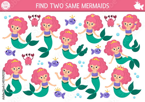 Find two same mermaids. Fairytale ocean kingdom matching activity for children. Marine educational quiz worksheet for kids for attention skills. Simple printable game with cute sea princess.