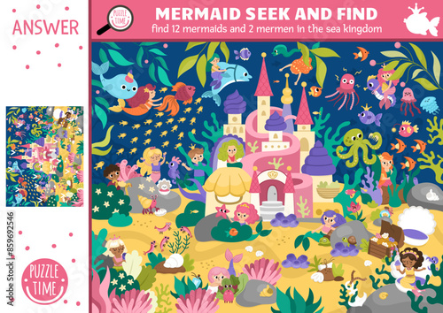 Vector mermaid searching game with fairytale ocean kingdom landscape and palace. Spot hidden princess in the picture. Simple marine seek and find educational printable activity for kids.