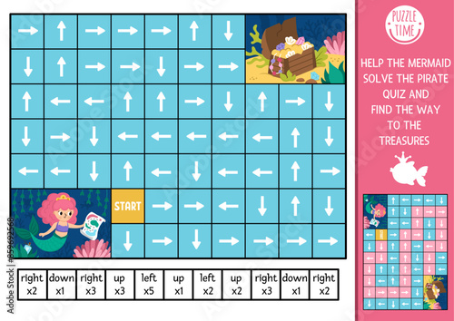 Mermaid logic maze for kids with pirate map and treasure chest. Fairytale ocean kingdom preschool printable activity. Labyrinth game or puzzle with left, right, up, down concept. Find the way.
