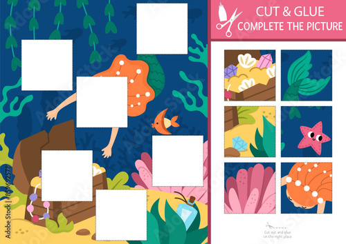 Vector mermaid cut and glue activity. Ocean kingdom crafting game with cute sea princess and marine landscape. Fill up the scene with square sticker. Find the right piece of puzzle. Complete picture