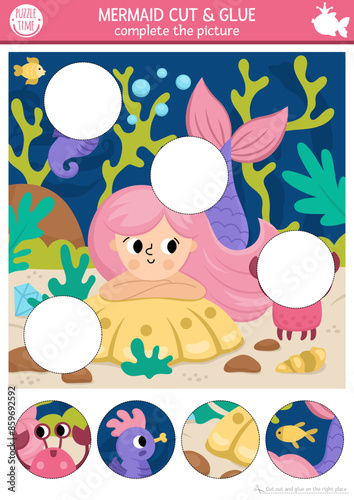 Vector mermaid cut and glue activity. Ocean kingdom crafting game with cute sea princess and marine landscape. Fill up the scene with round sticker. Find the right piece of puzzle. Complete picture