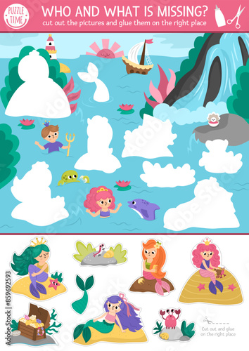 Vector mermaid cut and glue activity. Crafting game with cute lagoon landscape with sea princess. Fun marine printable worksheet for children. Find the right piece of the puzzle. Complete the picture.