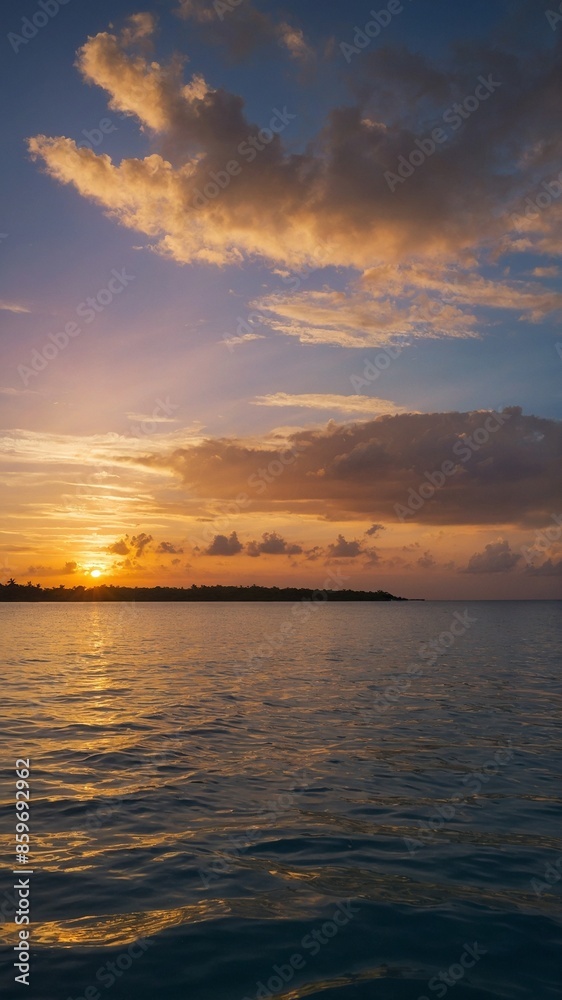 Fototapeta premium Sun sets over tranquil ocean, casting warm golden glow across water, sky. Horizon lined with silhouette of distant land, while sky adorned with scattered clouds reflecting hues of orange, pink,.