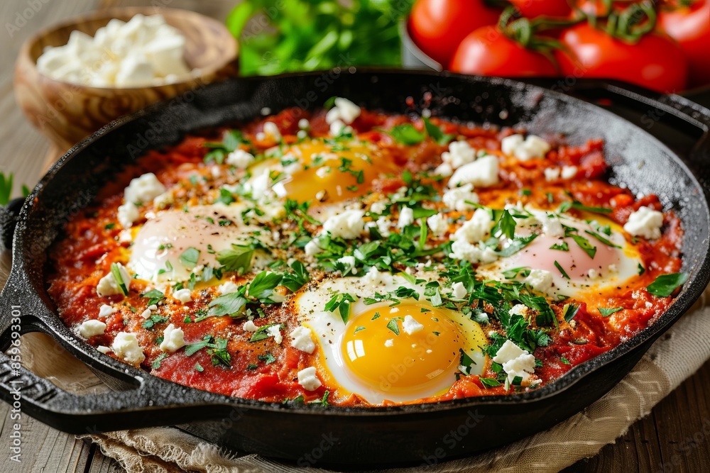 A rustic cast iron skillet filled with vibrant shakshuka A rustic cast iron skillet filled with vibrant shakshuka