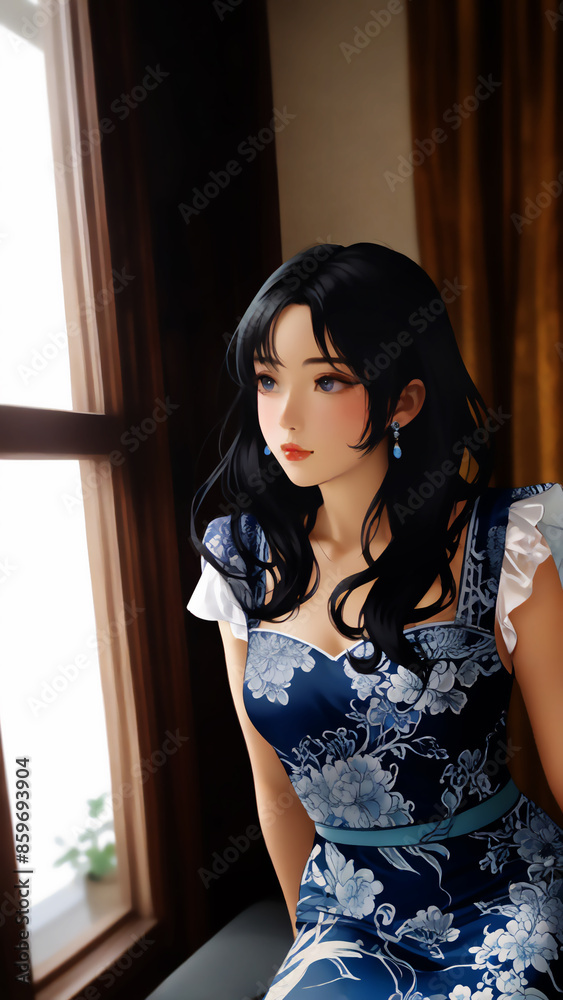 窓辺の青い服の女 AI画像 ジェネレーティブAI 窓辺の青い服の女 AI画像 ジェネレーティブAI