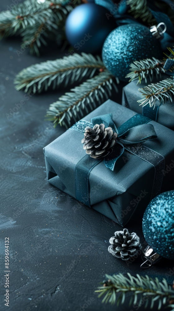 Christmas blue decoration and gift boxes on black background. Winter holiday celebration concept 