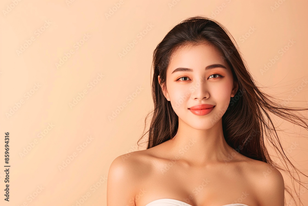 A young woman with long hair in a strapless white top, smiling gently against a peach background, showcasing simple beauty. A young woman with long hair in a strapless white top, smiling gently against a peach background, showcasing simple beauty.