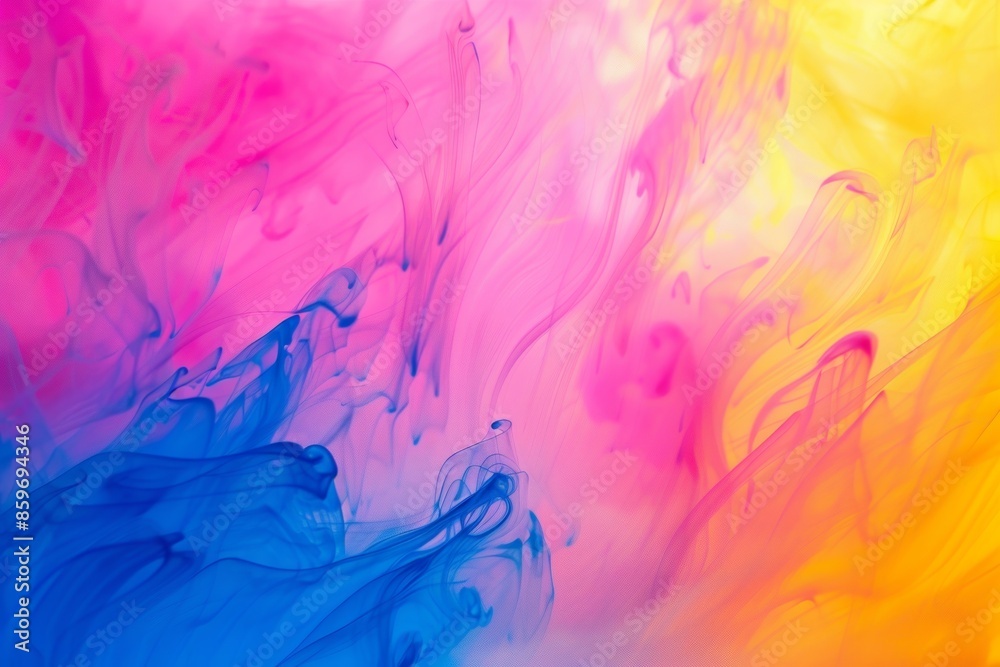 Colorful abstract image of pink, yellow, and blue ink swirling and mixing in water Colorful abstract image of pink, yellow, and blue ink swirling and mixing in water