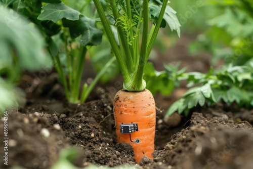 Closeup of a hightech agricultural sensor embedded in a carrot, monitoring its growth