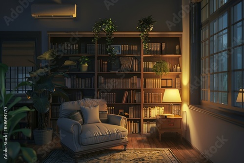 Cozy Reading Nook with Comfortable Armchair, Bookshelves, and Air Conditioner for Comfortable Temperature Control