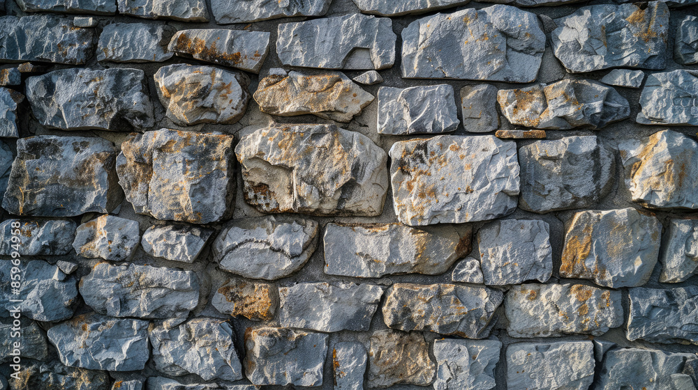 A wall made up of uneven gray stones with some brown marks. The stones are stacked and fitted tightly together.