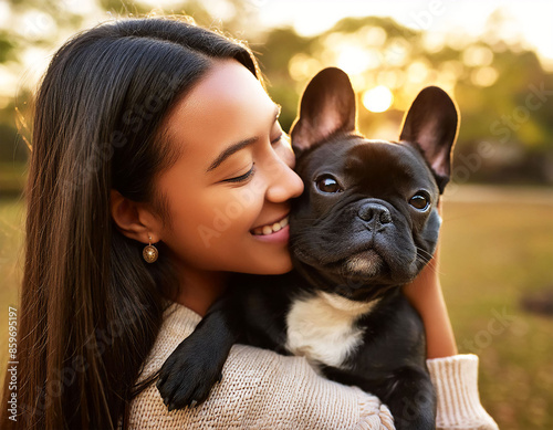 close up portrait of Asian young woman hugging black French Bulldog, emotional support animal concept, copy space photo