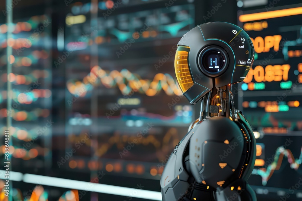 Conceptual image of a robotic financial advisor analyzing market trends on a sleek interface Conceptual image of a robotic financial advisor analyzing market trends on a sleek interface
