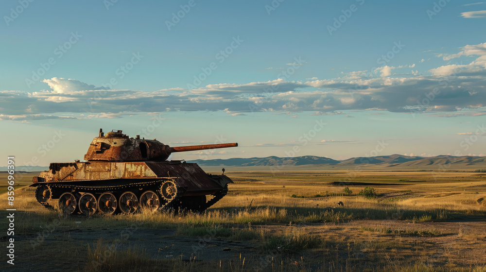 Fototapeta premium An old, rusty tank sits in a wide, open field with mountains in the distance and clouds scattered across the blue sky.