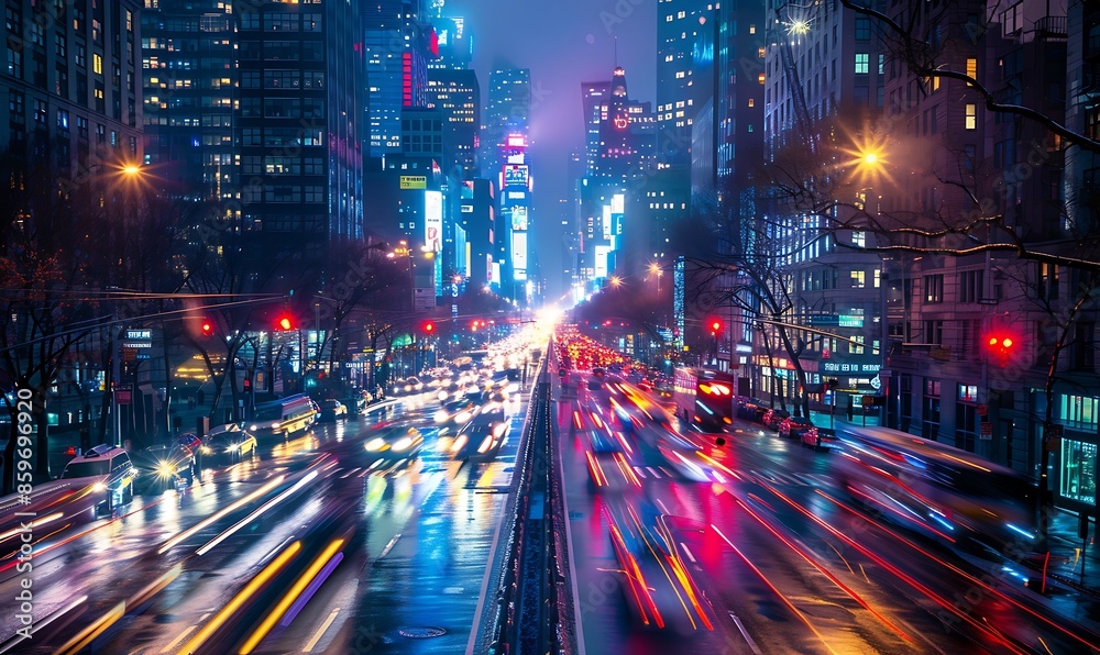 Capture the energy of a bustling metropolis with streaks of car lights leading to a bright, towering skyline Capture the energy of a bustling metropolis with streaks of car lights leading to a bright, towering skyline