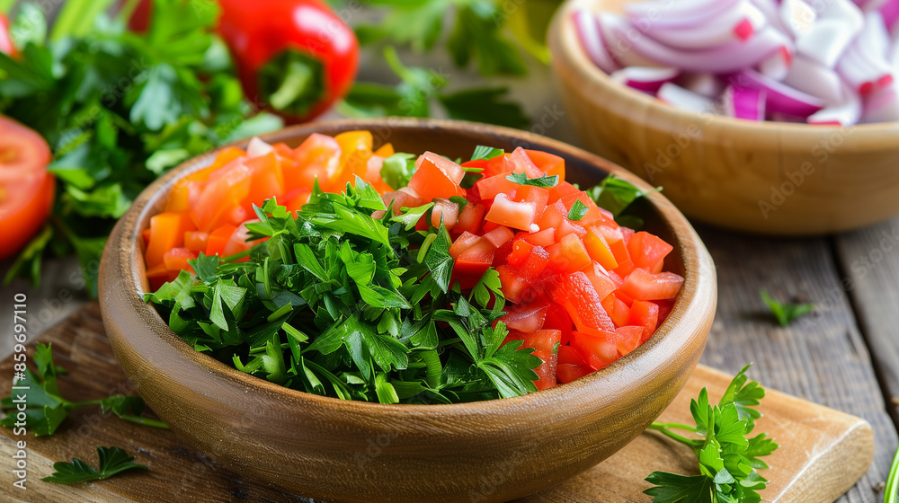 Colorful ingredients and finely chopped parsley are placed on a wooden board. Colorful ingredients and finely chopped parsley are placed on a wooden board.